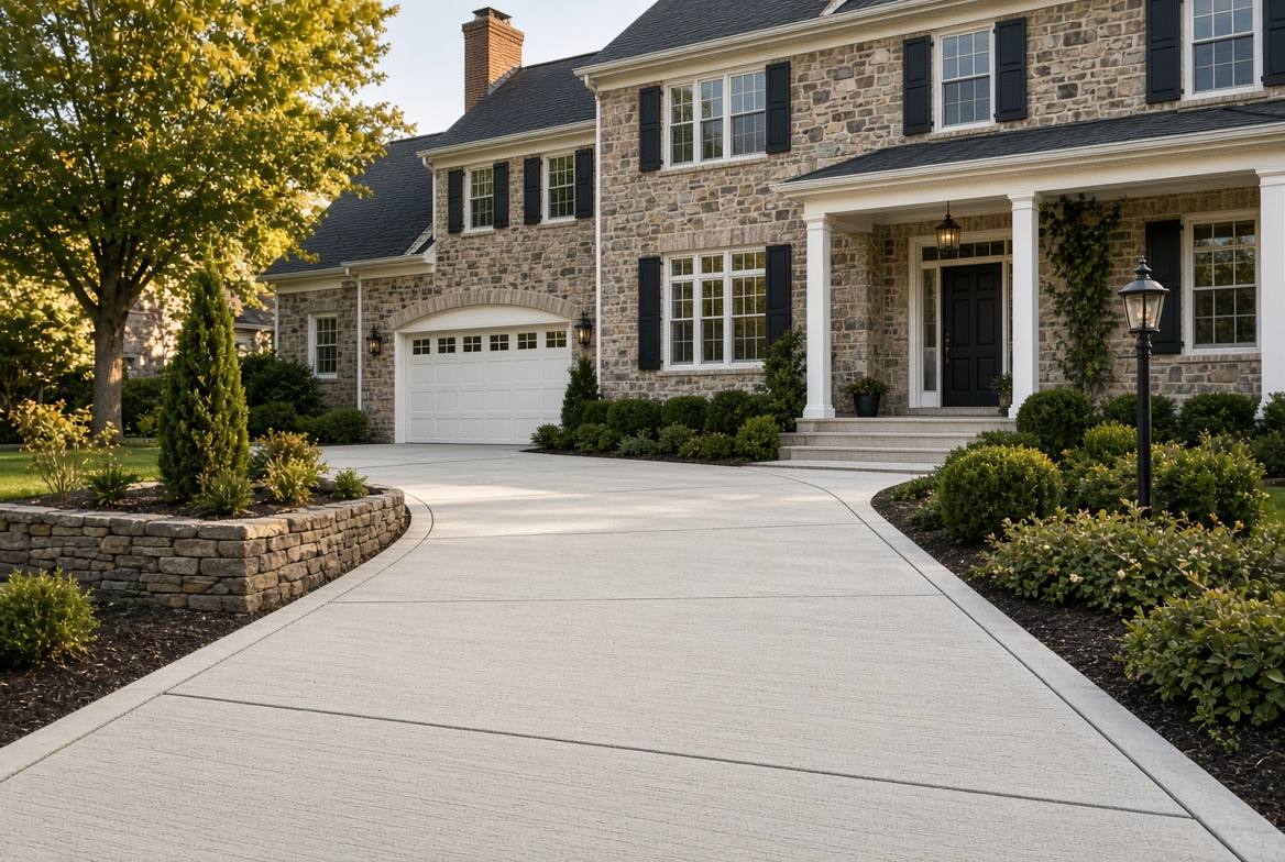 New broom-finished concrete driveway